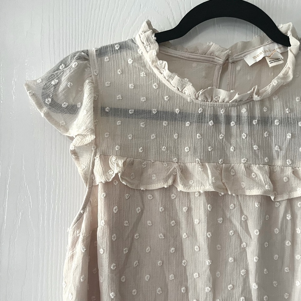 Monteau Cream Sheer Babydoll Button Back Ruffle Tank - Picture 6 of 7